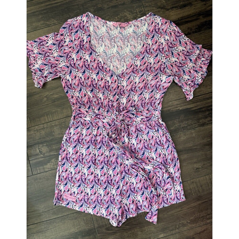 Simply Southern Women's Pink Paisley Romper S Short Ruffle Sleeve V-Neck Tie
